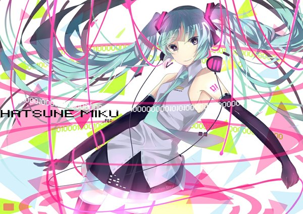 Anime picture 1024x724 with vocaloid hatsune miku fei renlei single long hair twintails green hair black eyes girl thighhighs gloves black gloves necktie elbow gloves wire (wires)