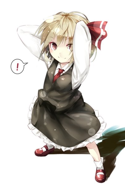 Anime picture 1012x1500 with touhou rumia gorilla (bun0615) single tall image looking at viewer fringe short hair simple background blonde hair smile hair between eyes red eyes white background full body from above shadow arms behind head ! girl