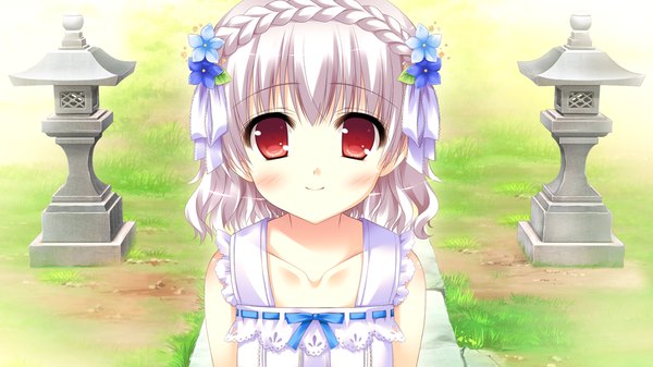 Anime picture 1280x720 with kamigakari cross heart! blush short hair red eyes wide image game cg white hair hair flower girl hair ornament sundress