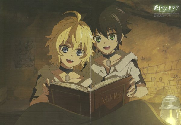 Anime picture 5002x3470 with owari no seraph wit studio hyakuya yuuichirou hyakuya mikaela fringe highres short hair open mouth blue eyes black hair blonde hair smile holding green eyes signed absurdres ahoge scan inscription multiple boys