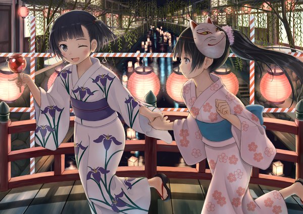 Anime picture 1684x1191 with original taka (tsmix) long hair blush short hair open mouth black hair multiple girls brown eyes ponytail traditional clothes japanese clothes one eye closed wink mask on head girl 2 girls plant (plants) tree (trees) kimono