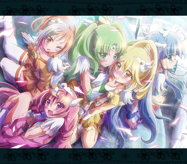 Anime picture 1600x1400 with precure smile precure! toei animation aoki reika kise yayoi midorikawa nao hoshizora miyuki hino akane (smile precure!) cure beauty cure peace cure happy cure march cure sunny inoshishi (ikatomo) long hair blush short hair open mouth blue eyes blonde hair