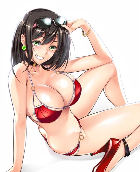 Anime picture 1625x2000 with original fesuta single long hair tall image looking at viewer fringe breasts light erotic black hair smile large breasts white background sitting bare shoulders bent knee (knees) ass teeth bare belly thighs