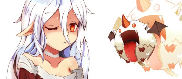 Anime picture 6263x2727 with league of legends poro (league of legends) hinkyu sensei long hair looking at viewer highres open mouth simple background red eyes wide image white background absurdres white hair one eye closed horn (horns) pointy ears wink teeth fang (fangs) bat wings