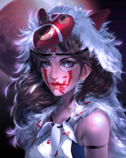 Anime picture 1000x1257 with mononoke hime studio ghibli san sangrde single tall image looking at viewer short hair brown hair purple eyes bare shoulders lips facial mark blood on face mask on head bloody clothes blood stains girl fur blood