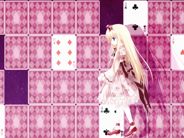 Anime picture 2560x1920 with alice in wonderland alice (wonderland) single long hair highres blue eyes blonde hair profile shadow girl dress bow hair bow card (cards)