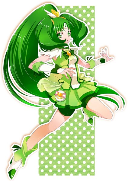 Anime picture 1000x1414 with precure smile precure! toei animation midorikawa nao cure march chiyo (rotsurechiriha) single long hair tall image looking at viewer open mouth green eyes ponytail green hair girl dress detached sleeves shorts boots