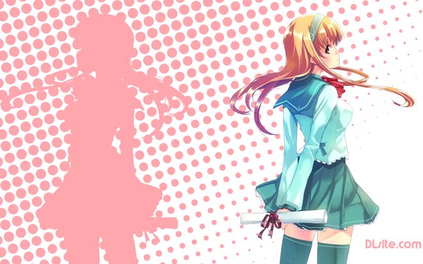 Anime picture 1920x1200 with refeia highres wide image pleated skirt from behind zettai ryouiki polka dot silhouette polka dot background thighhighs uniform ribbon (ribbons) school uniform paper