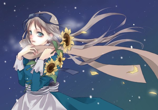 Anime picture 1298x910 with axis powers hetalia studio deen belarus (hetalia) naoto (tulip) single long hair blue eyes blonde hair wind girl dress bow hair bow petals scarf sunflower