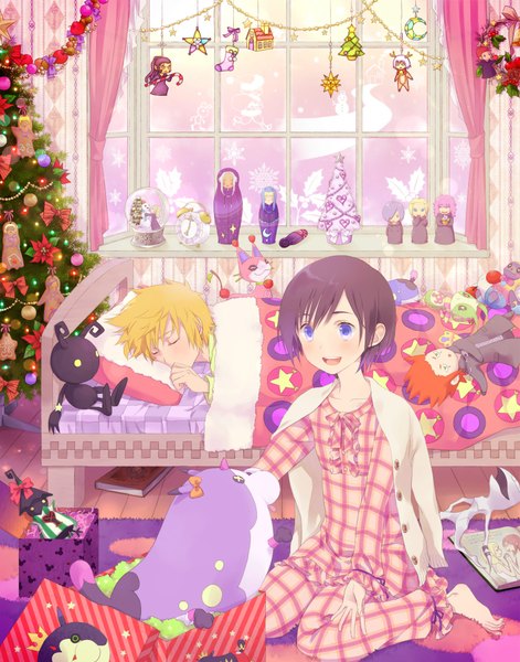 Anime picture 1650x2102 with kingdom hearts square enix roxas xion (kingdom hearts) okitsune (okitsune-sama) tall image blush short hair open mouth blue eyes black hair blonde hair smile sitting lying barefoot kneeling christmas sleeping crescent