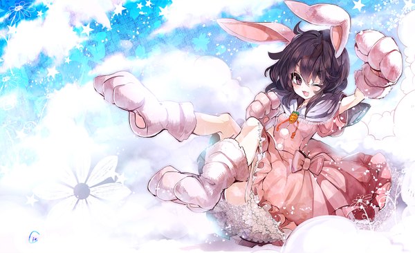 Anime picture 1609x982 with touhou inaba tewi cis (carcharias) single looking at viewer blush short hair open mouth black hair smile wide image sitting purple eyes animal ears bunny ears abstract girl dress flower (flowers) bow