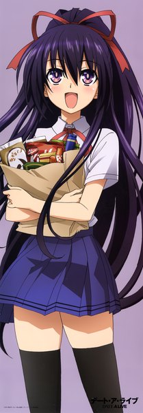Anime picture 1405x4029 with date a live yatogami tooka single long hair tall image blush open mouth purple eyes purple hair ponytail scan official art girl thighhighs skirt uniform ribbon (ribbons) black thighhighs hair ribbon school uniform