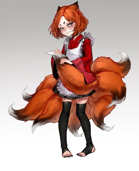 Anime picture 1759x2160 with original lerapi single tall image looking at viewer blush highres short hair blue eyes simple background standing animal ears full body tail nail polish animal tail pleated skirt light smile orange hair grey background