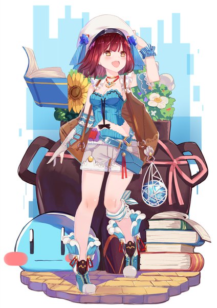 Anime picture 992x1403 with atelier (series) atelier sophie gust (company) sophie neuenmuller puni (atelier) shigoto tall image blush short hair open mouth standing yellow eyes bent knee (knees) red hair :d symbol-shaped pupils looking up striped adjusting hat girl