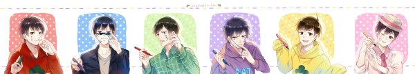 Anime picture 1200x216 with osomatsu-san matsuno osomatsu matsuno karamatsu matsuno ichimatsu matsuno choromatsu matsuno todomatsu matsuno juushimatsu ekita xuan looking at viewer fringe short hair open mouth black hair smile wide image ahoge long sleeves one eye closed black eyes multiple boys