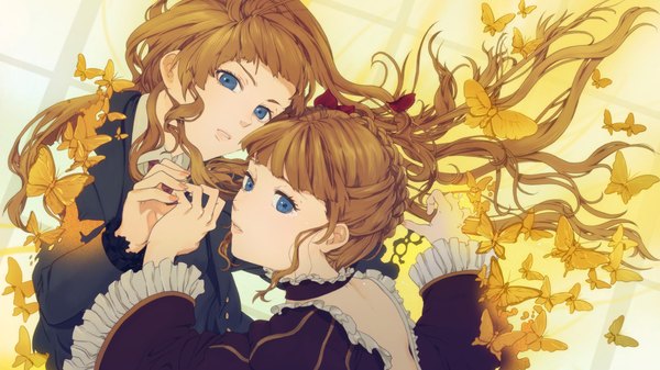 Anime picture 1920x1080 with umineko no naku koro ni beatrice kaisen long hair looking at viewer highres blue eyes blonde hair brown hair wide image multiple girls braid (braids) grey eyes tears back holding hands striped face to face girl dress