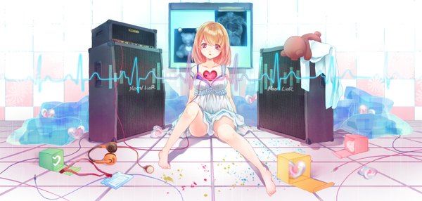 Anime picture 1468x700 with original koyami tsukito single long hair open mouth wide image sitting purple eyes bare shoulders barefoot orange hair checkered floor girl heart headphones toy stuffed animal sundress wire (wires)