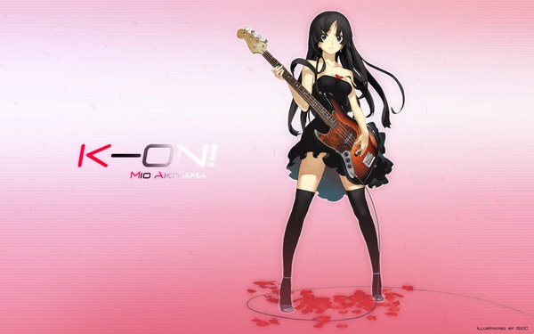 Anime picture 1920x1200 with k-on! kyoto animation akiyama mio nagi ryou single long hair highres black hair wide image standing full body wallpaper copyright name character names third-party edit playing instrument girl thighhighs dress black thighhighs