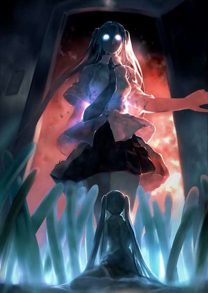 Anime picture 1433x2023 with vocaloid hatsune miku bob (biyonbiyon) long hair tall image standing sitting twintails multiple girls blue hair cloud (clouds) bent knee (knees) pleated skirt from behind from below back glowing glowing eye (eyes) dual persona girl