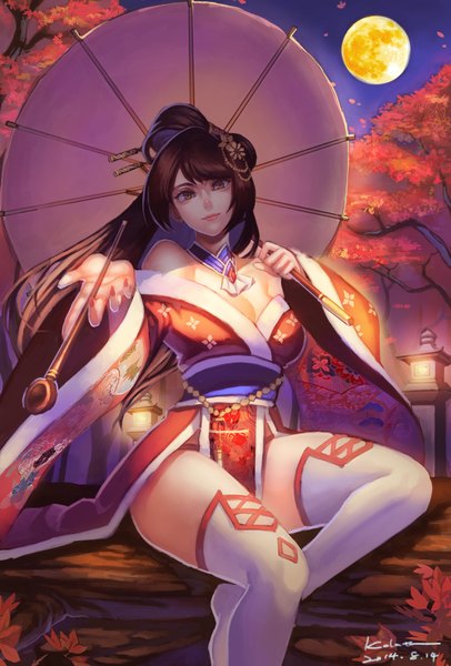 Anime picture 2707x4000 with original kalata single long hair tall image looking at viewer highres light erotic black hair sitting bare shoulders brown eyes cleavage nail polish traditional clothes japanese clothes fingernails lips night night sky