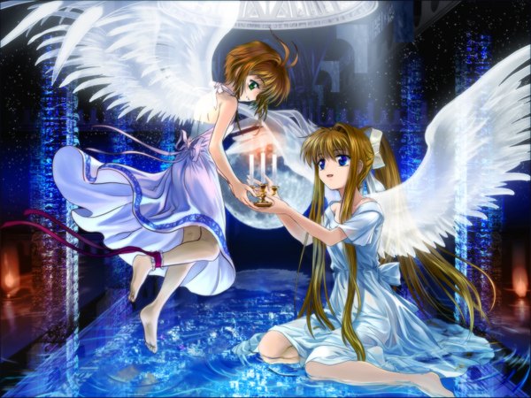 Anime picture 1600x1200 with card captor sakura air key (studio) clamp kinomoto sakura kamio misuzu mutsuki (moonknives) girl wings