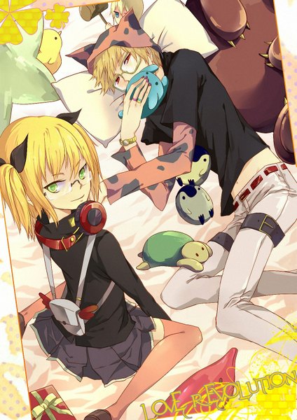 Anime picture 1100x1556 with damil (artist) long hair tall image short hair blonde hair red eyes sitting twintails green eyes animal ears lying nail polish pleated skirt from behind inscription midriff couple back short twintails polka dot