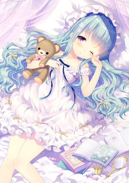 Anime picture 2511x3558 with original wasabi (sekai) single long hair tall image looking at viewer blush highres purple eyes blue hair one eye closed scan loli girl dress book (books) toy stuffed animal bonnet stuffed toy