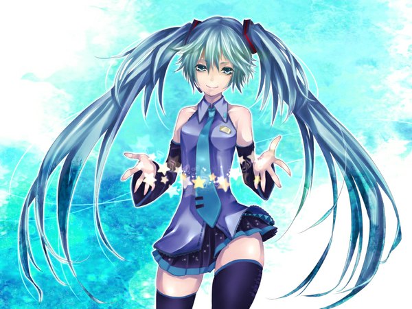 Anime picture 1024x768 with vocaloid hatsune miku roku (hikokeng) single long hair smile twintails bare shoulders very long hair aqua eyes aqua hair girl thighhighs skirt black thighhighs detached sleeves necktie star (symbol) microphone
