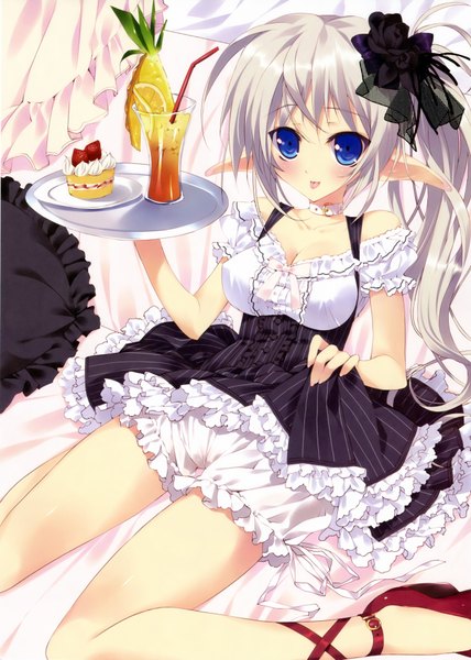 Anime picture 2628x3686 with original tsurusaki takahiro single long hair tall image looking at viewer blush highres blue eyes bare shoulders white hair ponytail pointy ears :p girl dress sweets collar cake tray