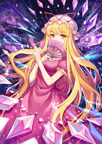 Anime picture 1000x1414 with touhou yakumo yukari mirror (xilu4) single long hair tall image looking at viewer fringe blonde hair hair between eyes red eyes puffy sleeves covered mouth girl dress hat bonnet fan crystal ofuda