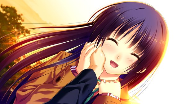 Anime picture 1280x720 with koi mekuri clover sakanoue mikana amasaka takashi blush open mouth black hair smile wide image game cg eyes closed girl