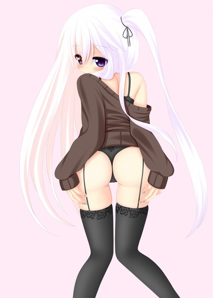 Anime picture 1072x1500 with yoye (pastel white) single long hair tall image blush light erotic simple background twintails ass white hair looking back heterochromia girl thighhighs underwear panties black thighhighs sweater