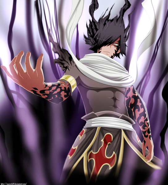 Anime picture 1000x1103 with fairy tail rogue cheney enara123 single tall image fringe short hair black hair red eyes hair over one eye tattoo coloring torn clothes muscle boy belt scarf