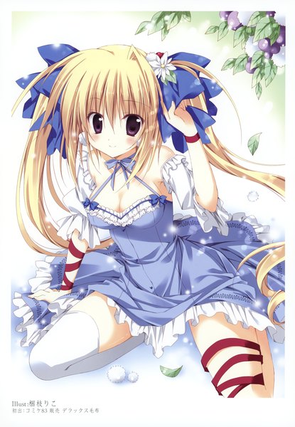 Anime picture 2406x3475 with original korie riko single long hair tall image looking at viewer blush highres blonde hair purple eyes twintails light smile scan girl thighhighs dress bow hair bow detached sleeves white thighhighs