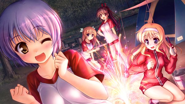 Anime picture 1280x720 with daitoshokan no hitsujikai shirasaki tsugumi suzuki kana sakuraba tamamo misono senri bekkankou long hair blush short hair open mouth blonde hair red eyes brown hair wide image multiple girls brown eyes blue hair game cg one eye closed wink