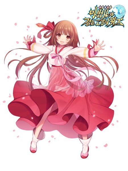 Anime picture 750x1000 with original byulzzimon single long hair tall image looking at viewer open mouth brown hair white background brown eyes girl dress ribbon (ribbons) hair ribbon petals