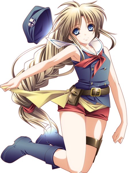 Anime picture 1200x1600 with original moneti (daifuku) single long hair tall image blue eyes simple background blonde hair white background braid (braids) girl hat boots