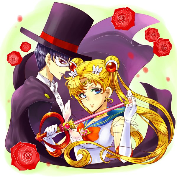 Anime picture 800x800 with bishoujo senshi sailor moon toei animation tsukino usagi sailor moon chiba mamoru tuxedo kamen karintou1485 long hair looking at viewer short hair blue eyes blonde hair simple background red eyes twintails holding purple hair profile light smile hair bun (hair buns)