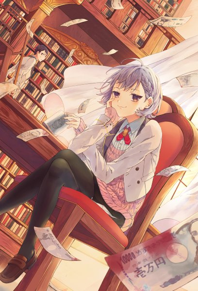 Anime picture 816x1200 with original kama (satoyan) tall image blush short hair black hair smile standing sitting purple hair bent knee (knees) braid (braids) pink eyes wind crossed legs hand on face head rest girl boy uniform