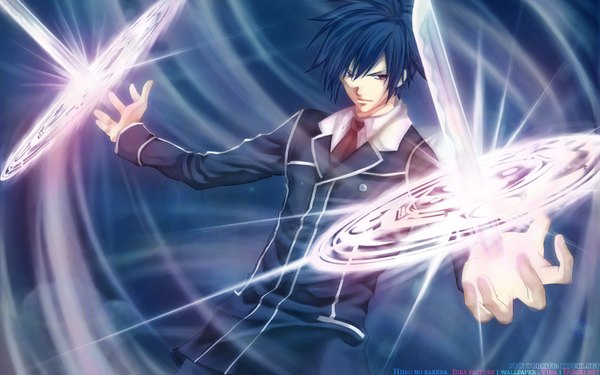 Anime picture 1680x1050 with hiiro no kakera mahiro atori fringe short hair red eyes wide image standing blue hair looking away inscription magic glowing looking down boy necktie suit magic circle