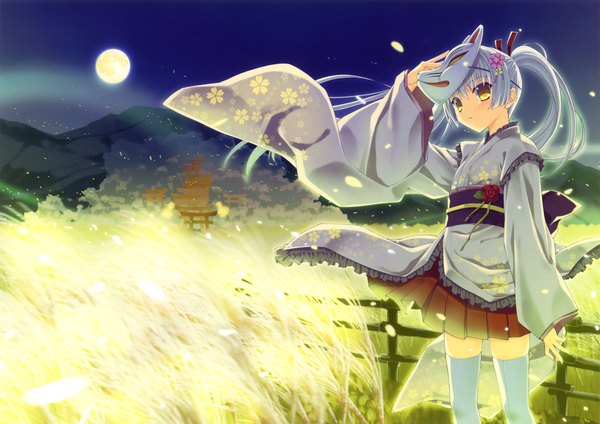 Anime picture 4603x3254 with original eshi 100-nin ten nanao naru single long hair highres twintails yellow eyes absurdres white hair traditional clothes night zettai ryouiki mask on head girl thighhighs white thighhighs moon mask