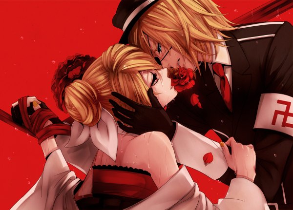 Anime picture 1200x863 with vocaloid kagamine rin kagamine len sagula short hair blue eyes blonde hair nail polish japanese clothes wet couple holding hands face to face incest flower in mouth twincest nazi girl dress boy