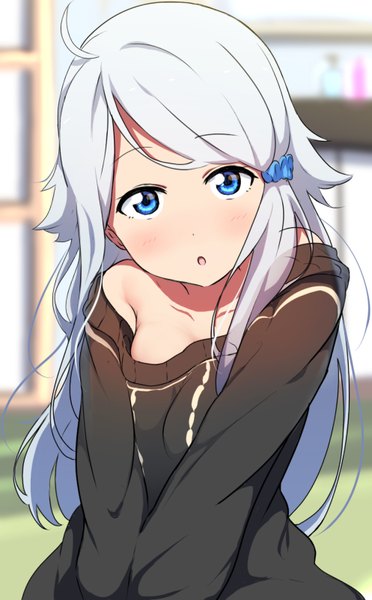 Anime picture 497x800 with imouto sae ireba ii silver link kani nayuta icehotmilktea single long hair tall image looking at viewer blush breasts open mouth blue eyes bare shoulders ahoge outdoors white hair head tilt :o girl scrunchie