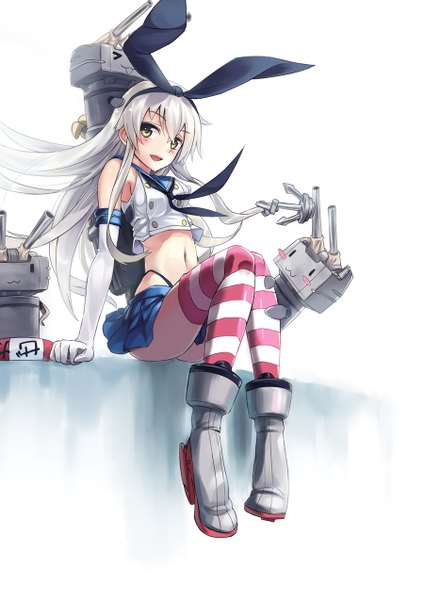Anime picture 900x1273 with kantai collection shimakaze destroyer rensouhou-chan kamiljm single long hair tall image looking at viewer blush open mouth sitting yellow eyes full body white hair girl thighhighs gloves navel bow weapon
