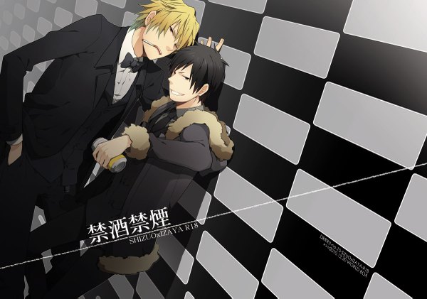 Anime picture 1200x843 with durarara!! brains base (studio) orihara izaya heiwajima shizuo vox (pixiv) short hair black hair blonde hair mouth hold hand in pocket checkered background boy jacket bowtie pants vest suit cigarette