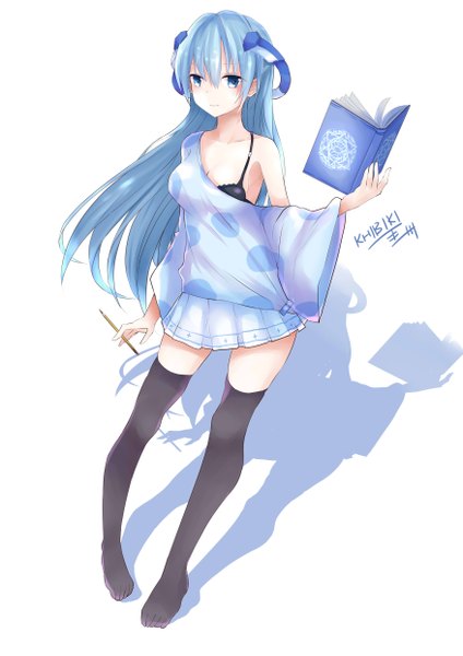 Anime picture 3507x4960 with original khibiki (brequiem) single long hair tall image looking at viewer fringe highres breasts blue eyes light erotic simple background hair between eyes standing white background holding signed blue hair absurdres pleated skirt