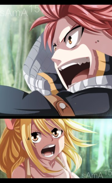 Anime picture 900x1470 with fairy tail lucy heartfilia natsu dragneel sama15 long hair tall image short hair open mouth blonde hair brown eyes pink hair sunlight coloring close-up screaming manga girl boy bow plant (plants)