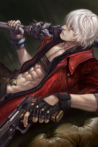 Anime picture 720x1080 with devil may cry dante (devil may cry) virus-ac74 single tall image holding green eyes white hair profile lips inscription open clothes open jacket muscle boy gloves navel weapon jacket belt