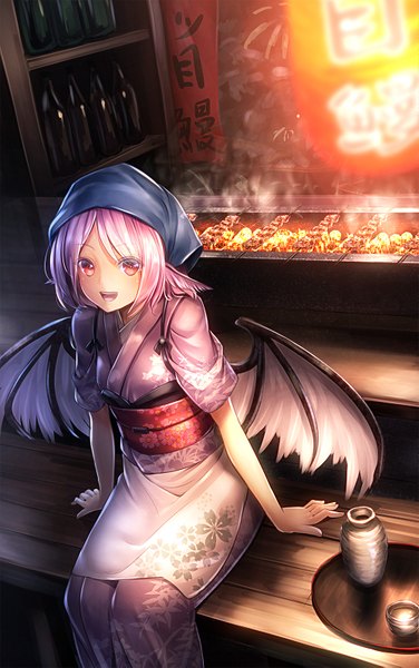 Anime picture 1000x1595 with touhou mystia lorelei ryosios single tall image looking at viewer blush short hair open mouth smile red eyes sitting pink hair traditional clothes japanese clothes girl wings kimono meat
