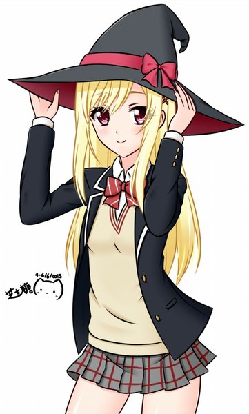 Anime picture 662x1100 with yamada-kun to 7-nin no majo lidenfilms shiraishi urara nagi-the-cheese (ppshex) single long hair tall image blush simple background blonde hair smile white background pink hair girl skirt uniform school uniform hat witch hat